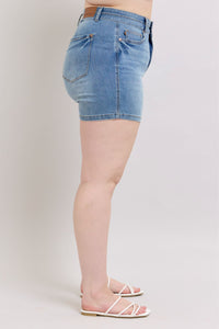 MEDIUM WASH HIGH WAIST TUMMY CONTROL COOL DENIM DOUBLE WAISTBAND SHORTS BY JUDY BLUE-PLUS