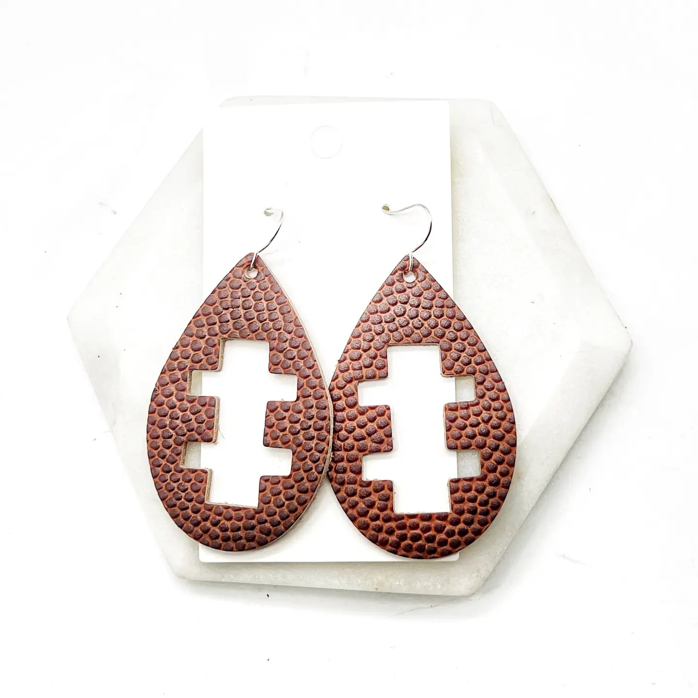 FOOTBALL LEATHER CUTOUT STATEMENT HANDMADE BBB EARRINGS