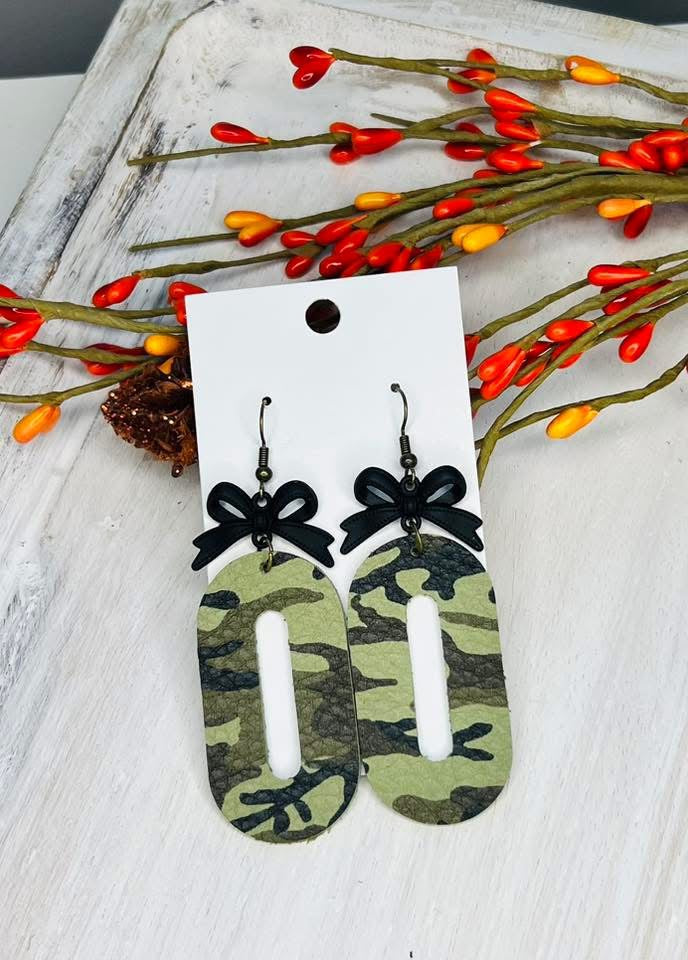 GREEN CAMO OBLONG OVAL LEATHER WITH BLACK BOWS HANDMADE EARRINGS BY B.O.D