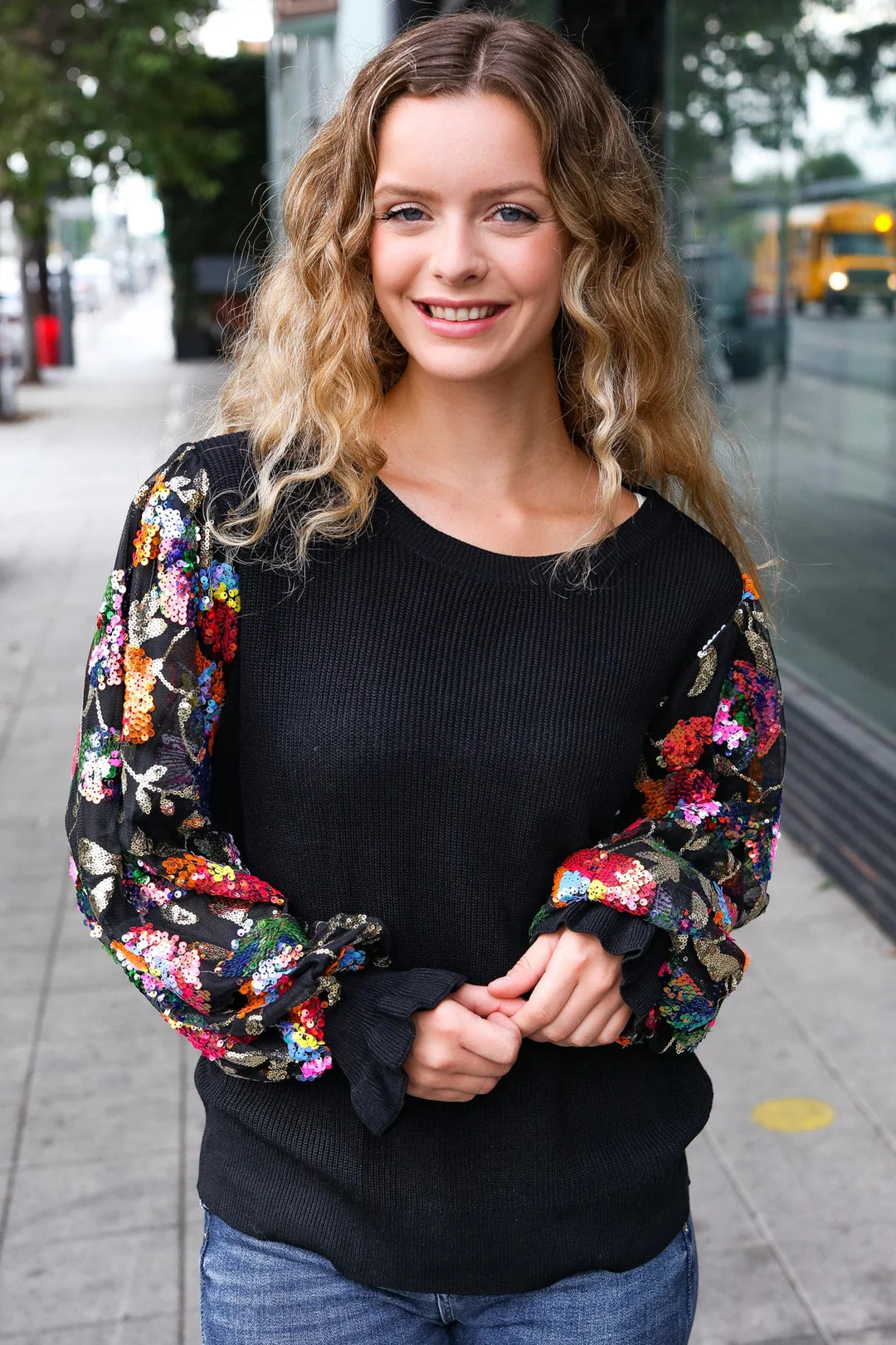 BLACK DIVA DREAMS FLORAL SEQUIN MESH RIB KNIT BLOUSE