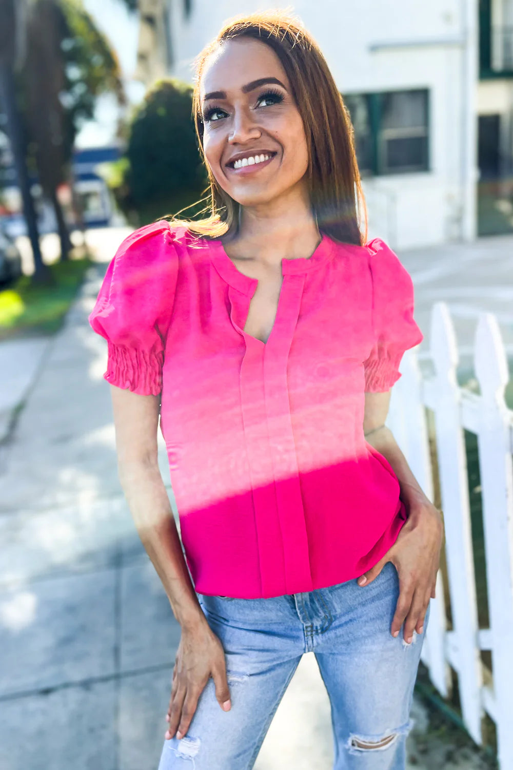 FUCHSIA PINK CRINKLED WOVEN SYNCHED RUCHED SLEEVE TOP