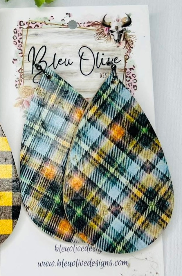 BLUE & ORANGE & GREEN PLAID TEARDROP DANGLE LEATHER HANDMADE EARRINGS BY B.O.D