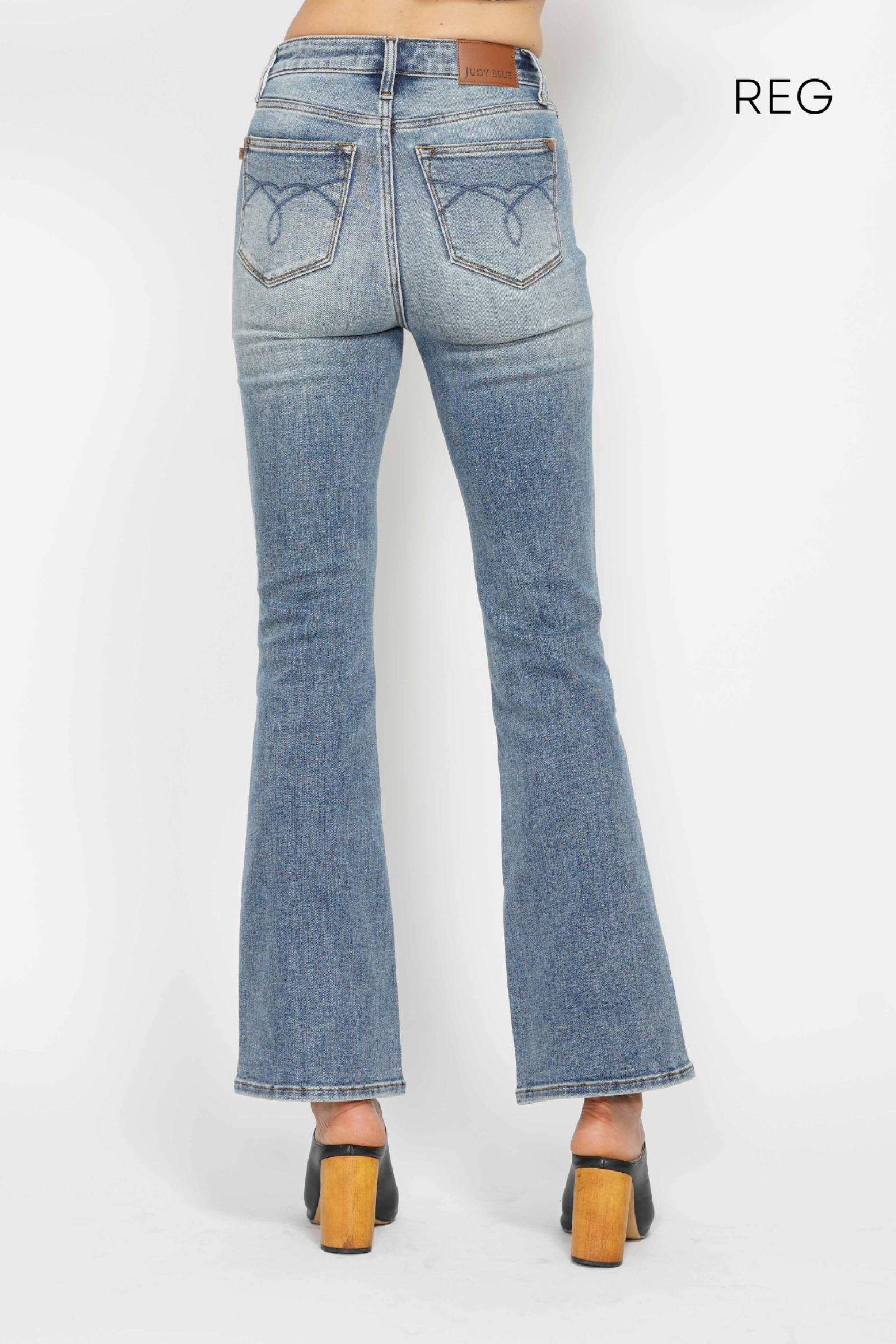 *SHORT INSEAM* HIGH WAIST TUMMY CONTROL MEDIUM WASH BACK POCKET EMBROIDERY BOOTCUT JUDY BLUE DENIM