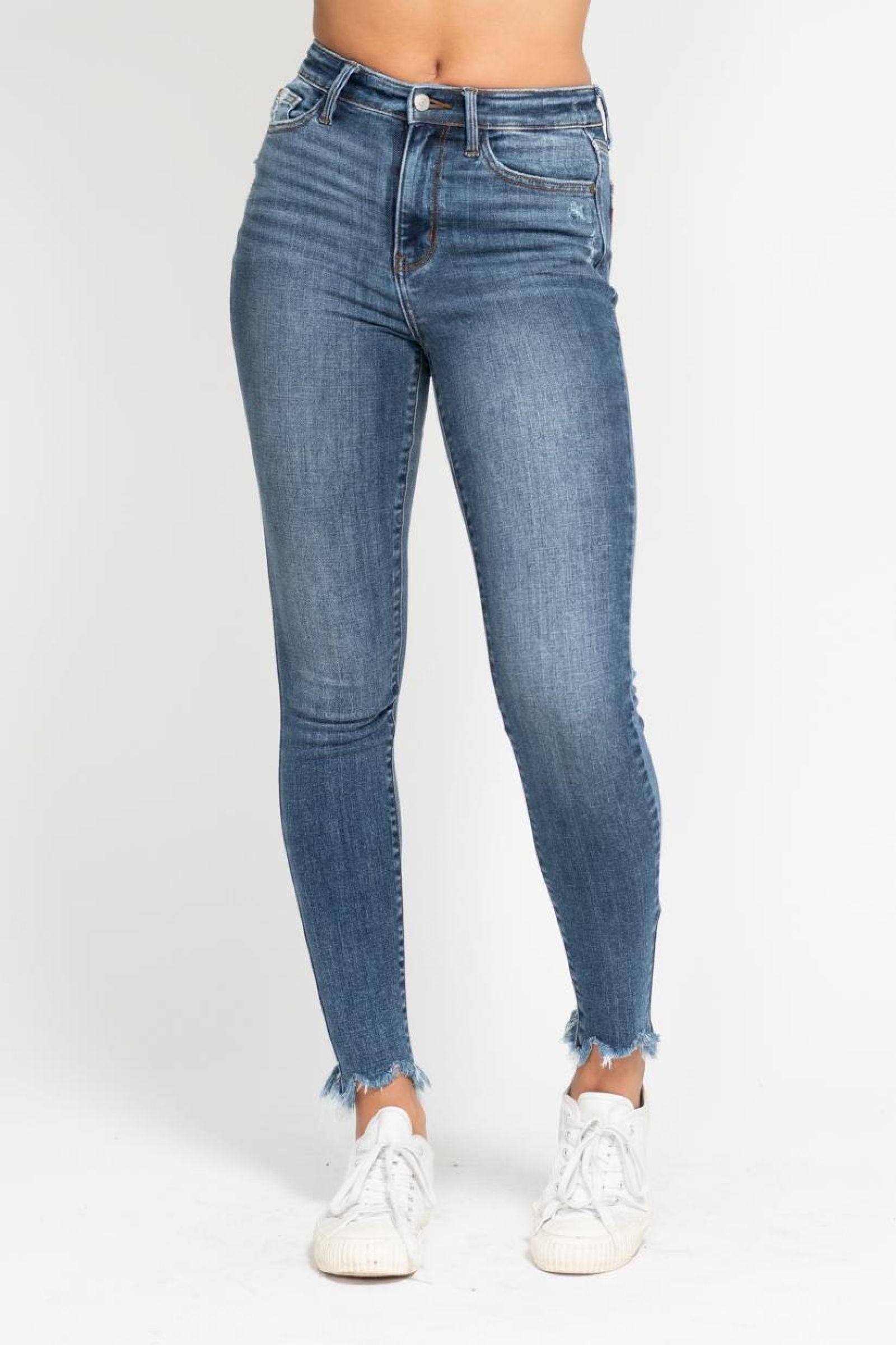 HIGH WAIST MEDIUM WASH SHARKBITE HEM SKINNY WITH DESTROY JUDY BLUE DENIM