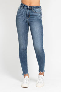 HIGH WAIST MEDIUM WASH SHARKBITE HEM SKINNY WITH DESTROY JUDY BLUE DENIM