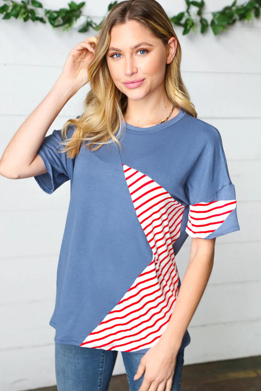 RED BLUE STAR STRIPE DETAIL FRENCH TERRY PATRIOTIC TOP- MEDIUM