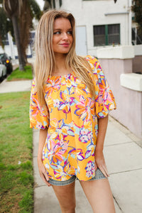 YELLOW PINK BLUE FLORAL BUBBLE SLEEVE TOP