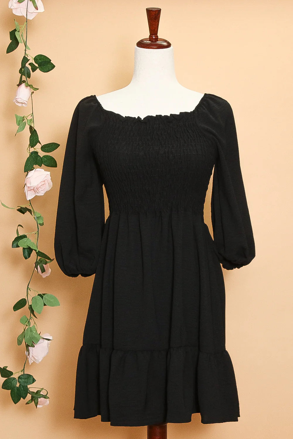 SOLID BLACK SMOCKED RUFFLE HEM DRESS
