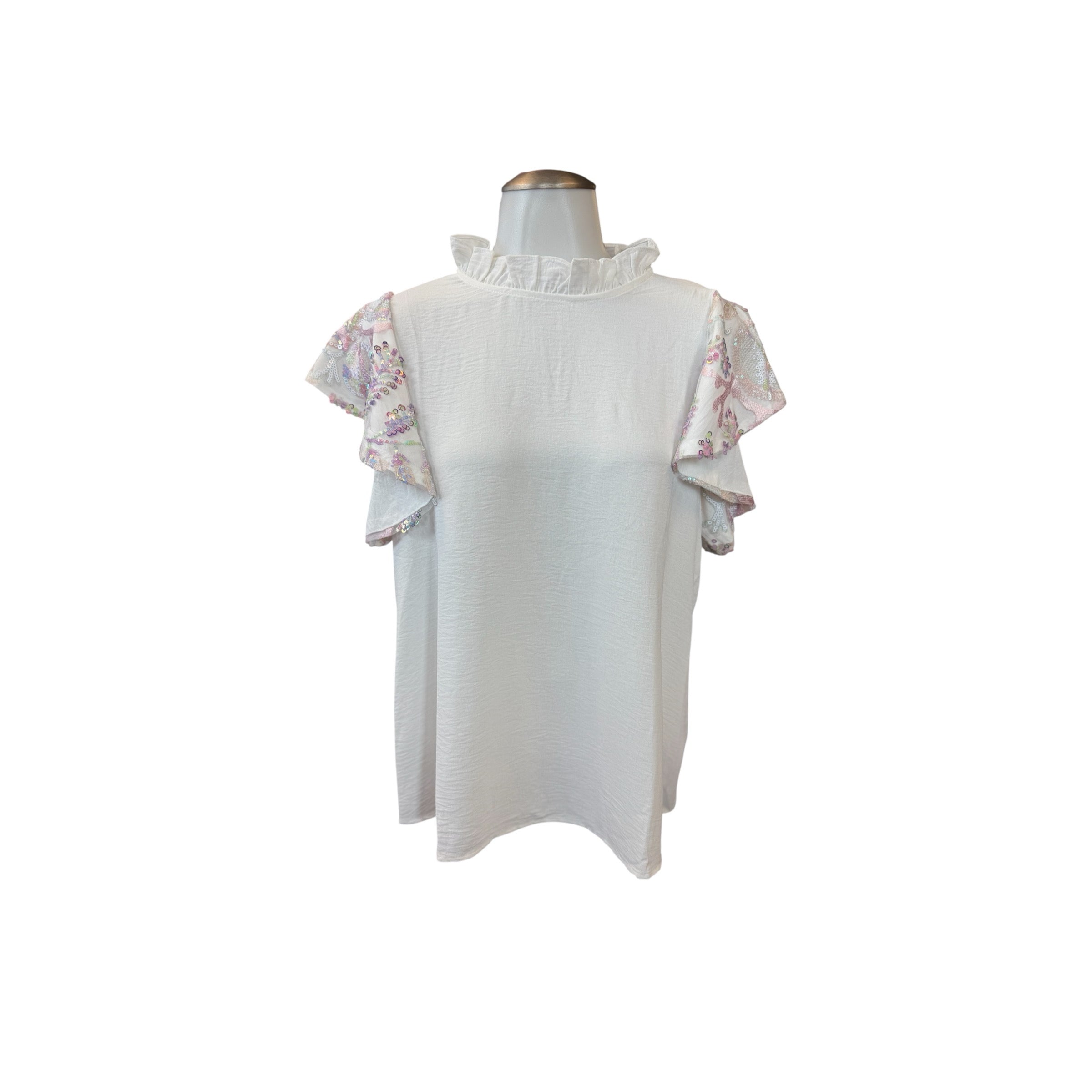 WHITE IRIDESCENT SEQUIN FLUTTER SLEEVE BLOUSE- SALE- MEDIUM & LARGE AVAILABLE