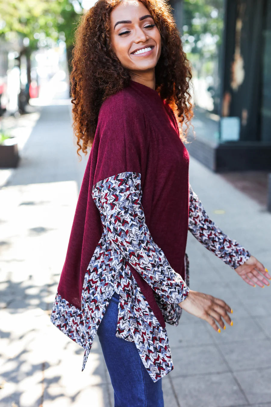 BURGUNDY PRINT DESIGN DOLMAN SWEATER TOP