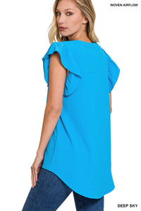 DEEP SKY WOVEN AIRFLOW RUFFLED SLEEVE HIGH-LOW TOP -PLUS