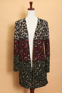 TAUPE RED OLIVE ANIMAL COLORBLOCK CARDIGAN