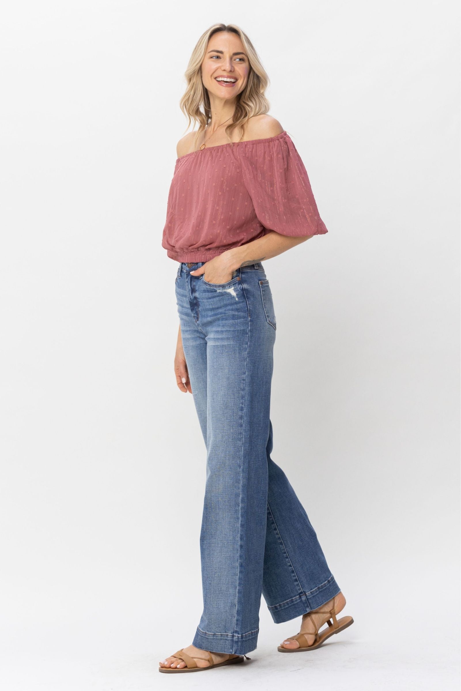 HIGH WAIST MILD DESTROYED TROUSER WIDE LEG MEDIUM WASH JUDY BLUE DENIM