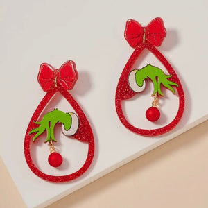 CHRISTMAS GRINCH TEARDROP RED DANGLING HAND EARRINGS