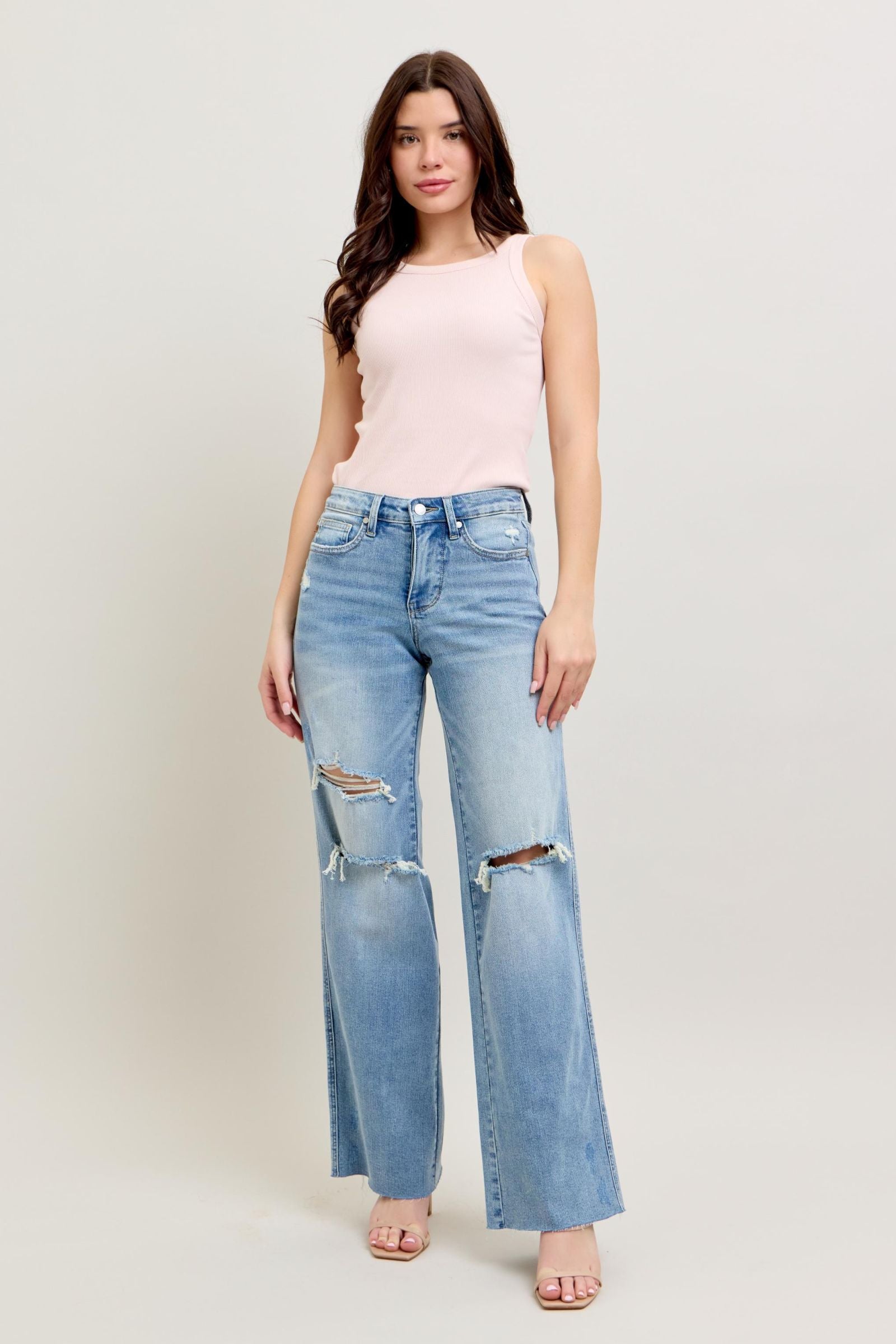 LIGHT WASH MID RISE TUMMY CONTROL DESTROYED WIDE LEG JUDY BLUE DENIM