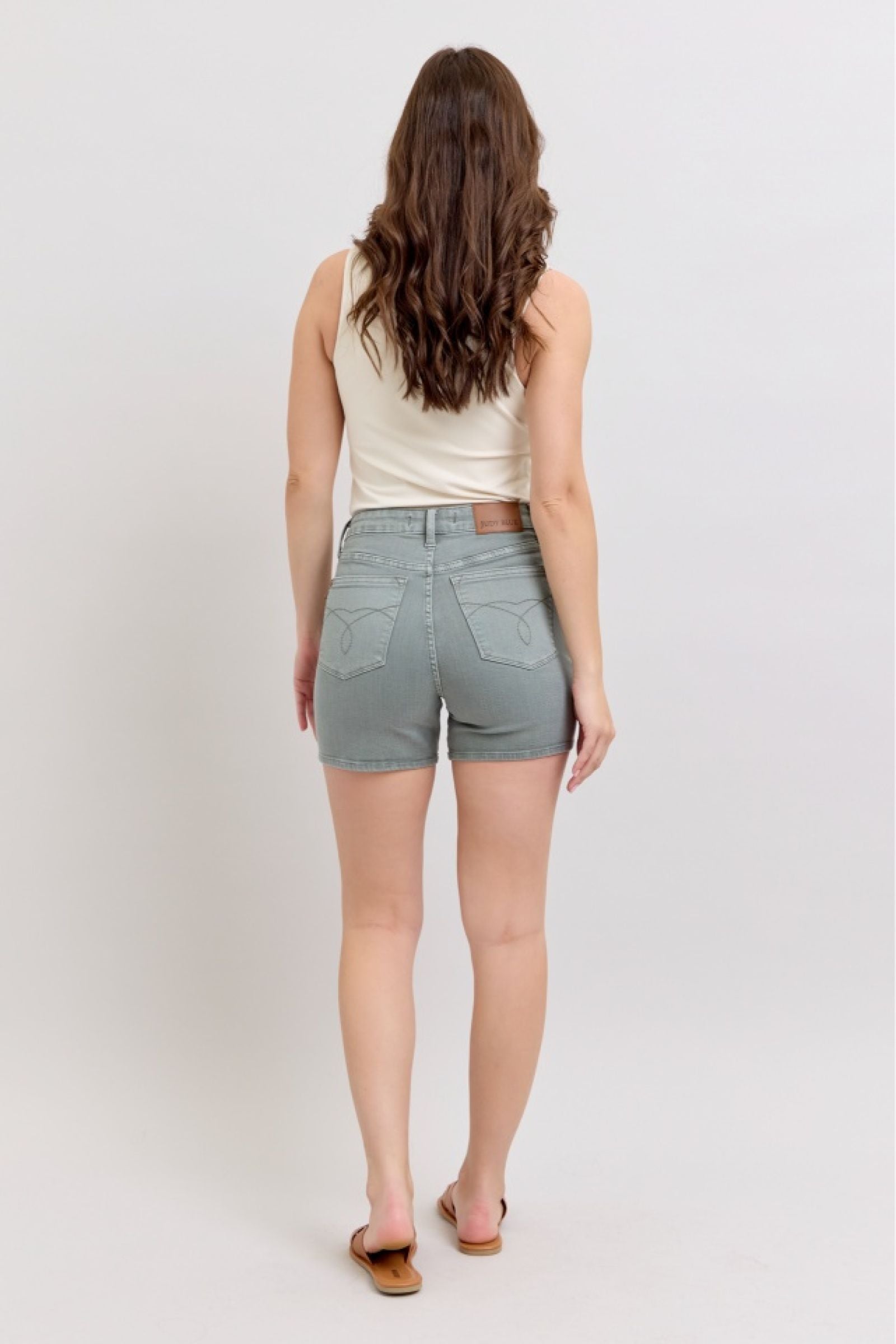 HIGH WAIST STONE BLUE GARMENT DYED BACK POCKET EMBROIDERY DENIM SHORTS JUDY BLUE