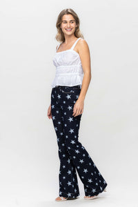 DARKWASH HIGH WAIST ALL OVER STAR PRINT RINSE WASH FLARE JUDY BLUE DENIM