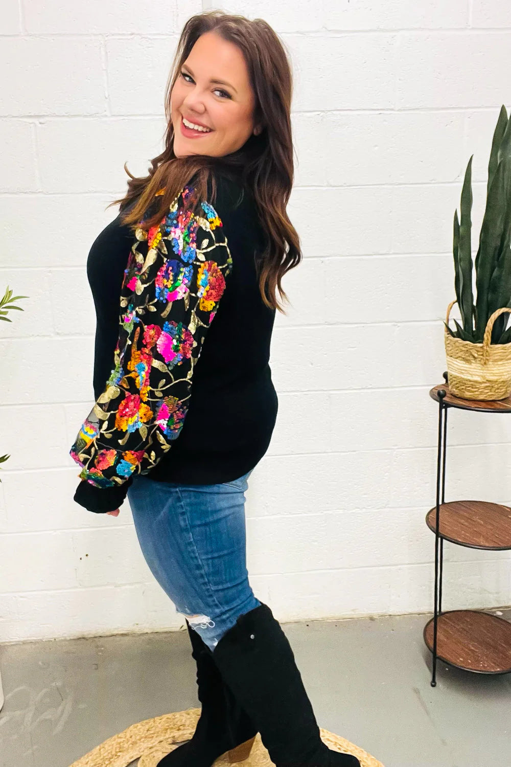 BLACK DIVA DREAMS FLORAL SEQUIN MESH RIB KNIT BLOUSE
