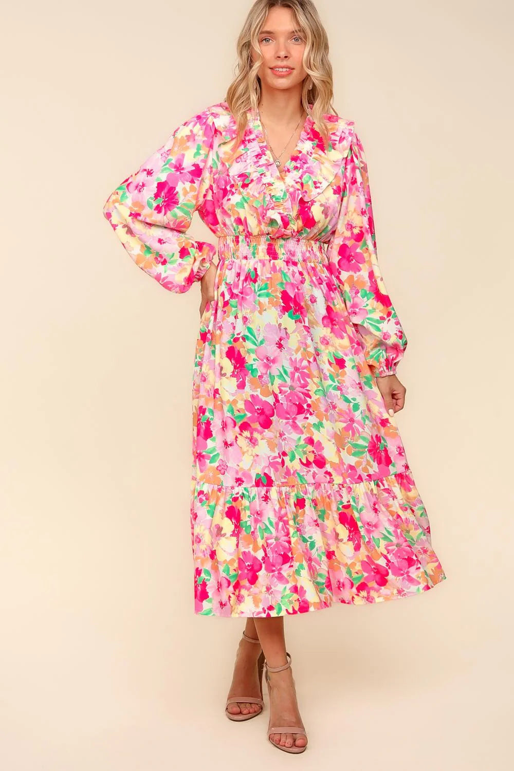 PINK CORAL PASTELS VNECK RUFFLE WOVEN SURPLICE MAXI DRESS-PLUS