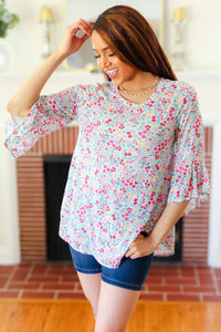 DAINTY FLORAL BELL SLEEVE TOP-PLUS