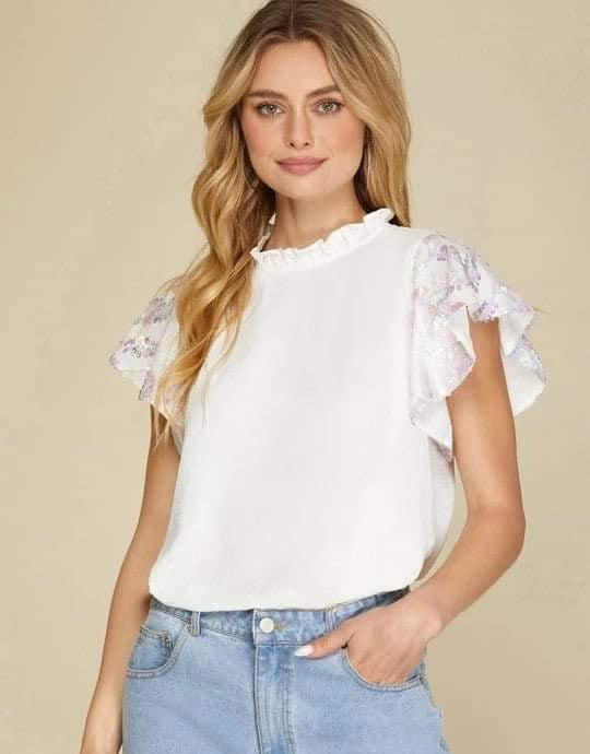 WHITE IRIDESCENT SEQUIN FLUTTER SLEEVE BLOUSE