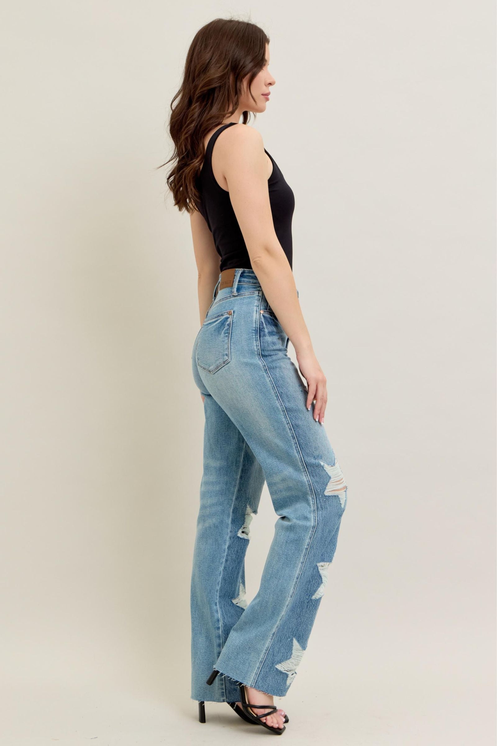 MEDIUM WASH HIGH WAIST RIGID MAGIC STAR SHAPED DESTROYED 90S STRAIGHT JUDY BLUE DENIM-PLUS