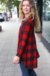 RED PLAID BUTTON NECK TUNIC