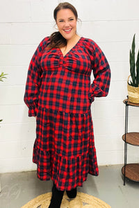 CHRISTMAS PLAID RUFFLE VNECK ELASTIC WAIST MAXI DRESS