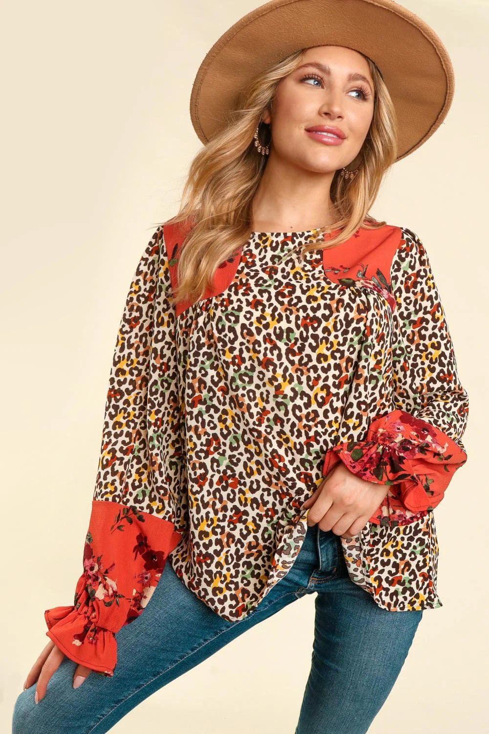 RUST MUSTARD ANIMAL PRINT COLORBLOCK FORAL BLOUSE