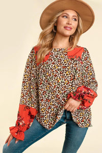 RUST MUSTARD ANIMAL PRINT COLORBLOCK FORAL BLOUSE