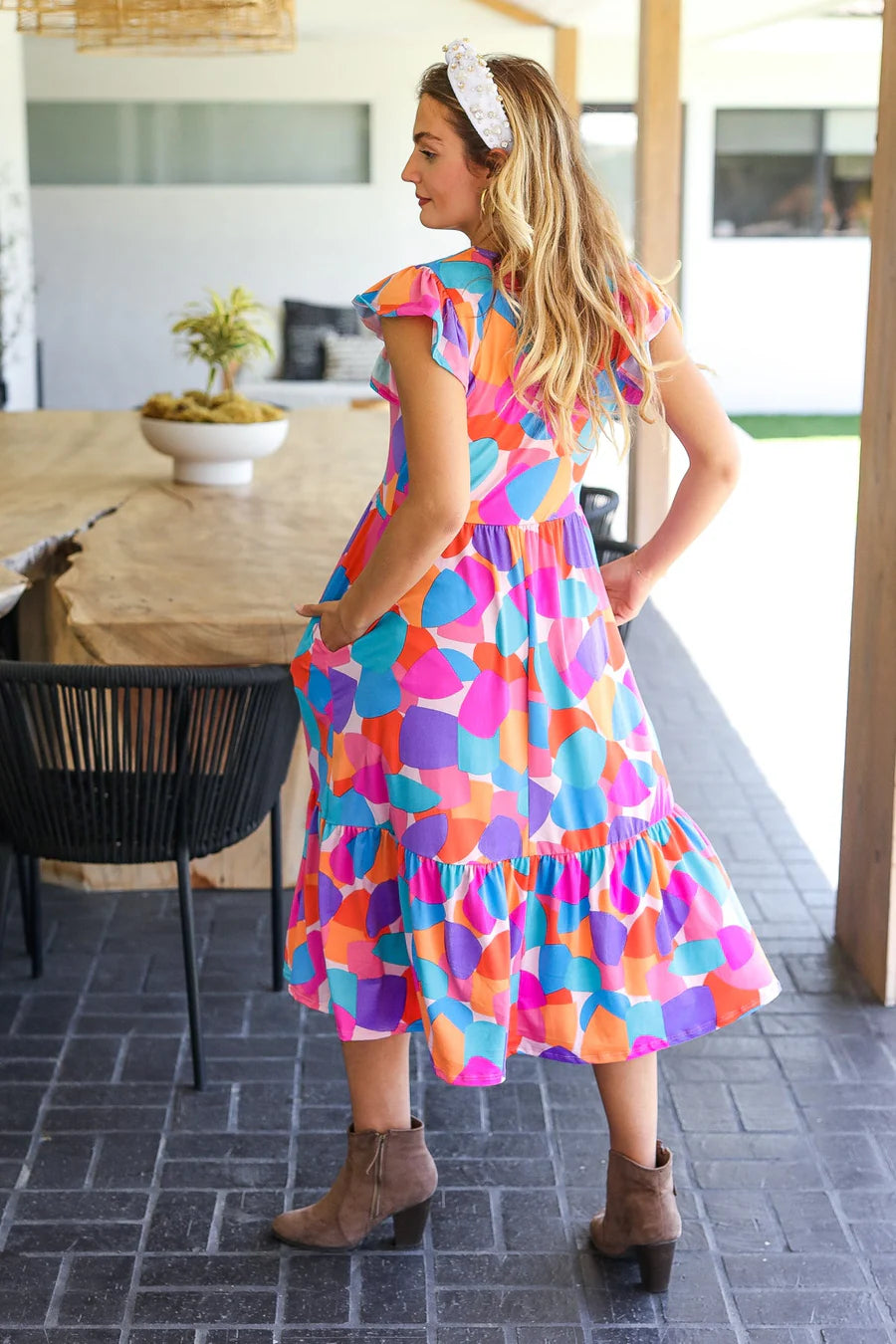 BOLD BEAUTIFUL MULTI COLOR ABSTRACT FLORAL FIT & FLARE MIDI/MAXI DRESS