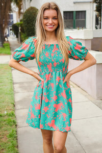 TEAL CORAL FLORAL SMOCKED DRESS-PLUS