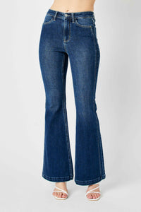 HIGH WAIST ANGLED SIDE SEAM DETAIL FLARE DENIM JUDY BLUE DARKWASH-PLUS