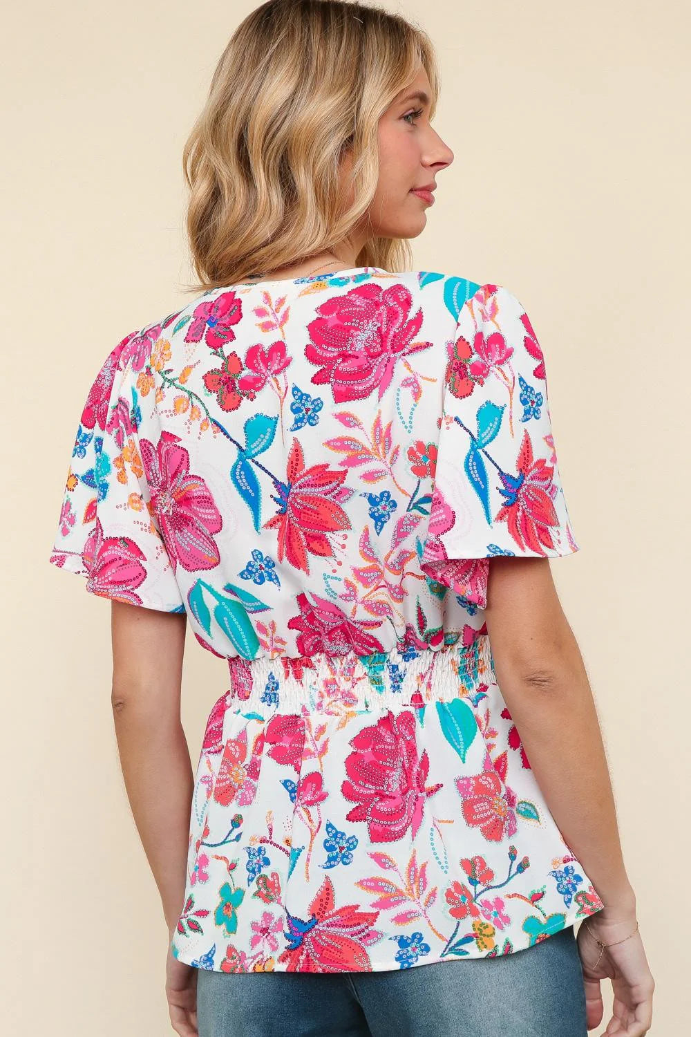 IVORY HOT PINK BLUE NOTCHED NECK SMOCKED WAIST FLORAL PRINT WOVEN BLOOUSE- PLUS- SALE