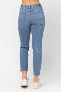 MEDIUM WASH HIGH WAIST SLIM SIDE SEAM FRAYED DETAIL JUDY BLUE DENIM