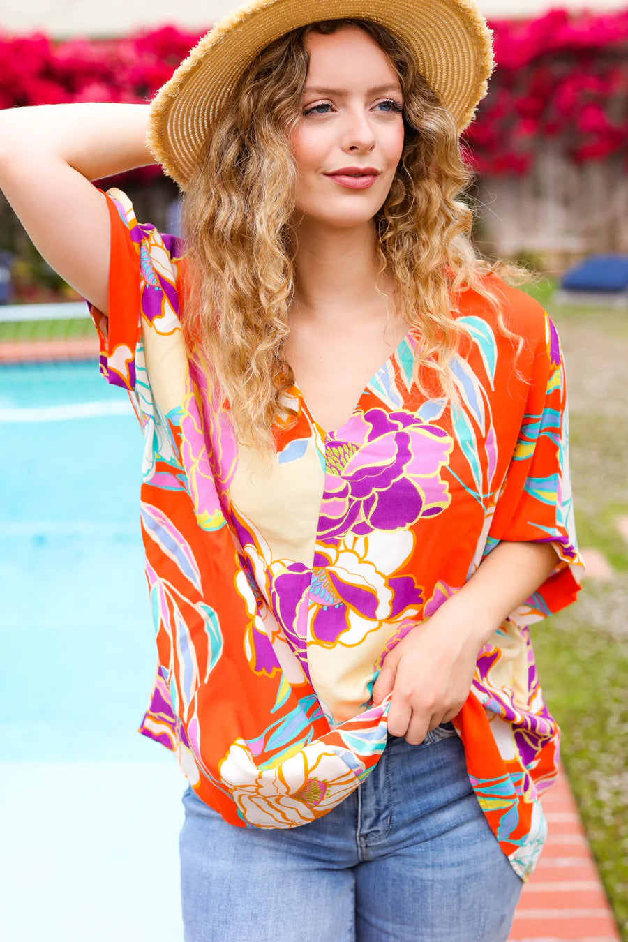 CORAL MULTI FLORAL TOP -PLUS