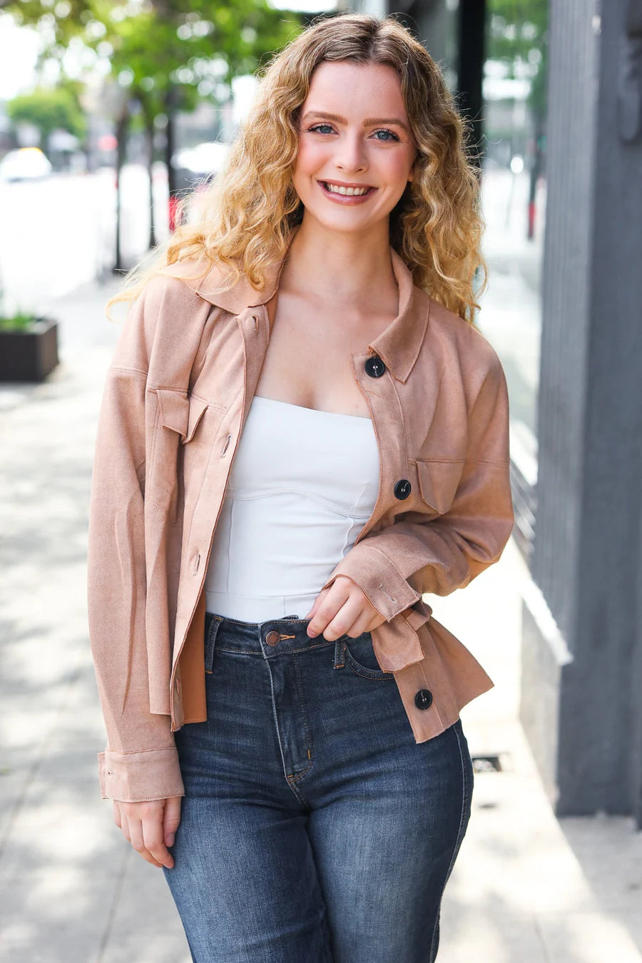 TAN SUEDE CROPPED BOXY FIT MOTTO STYLE JACKET