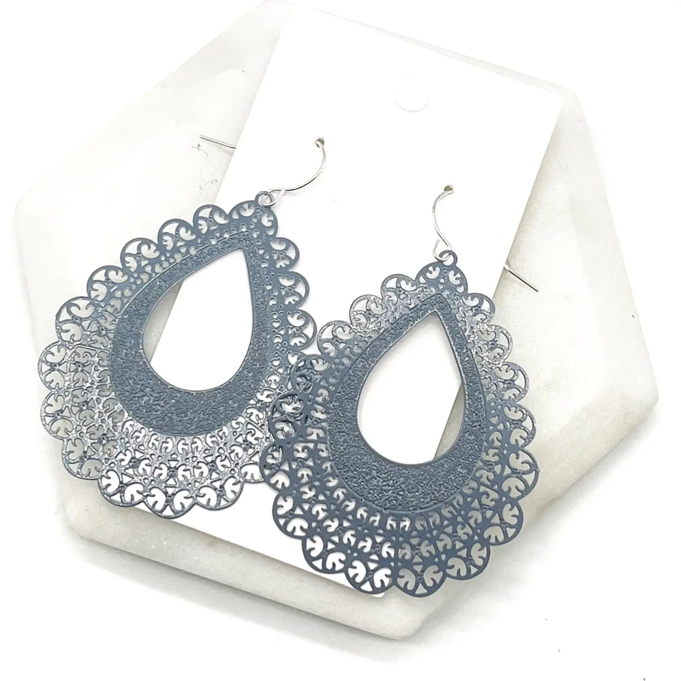 GREY FLOURISH TEARDROP METAL STATEMENT HANDMADE BBB EARRINGS