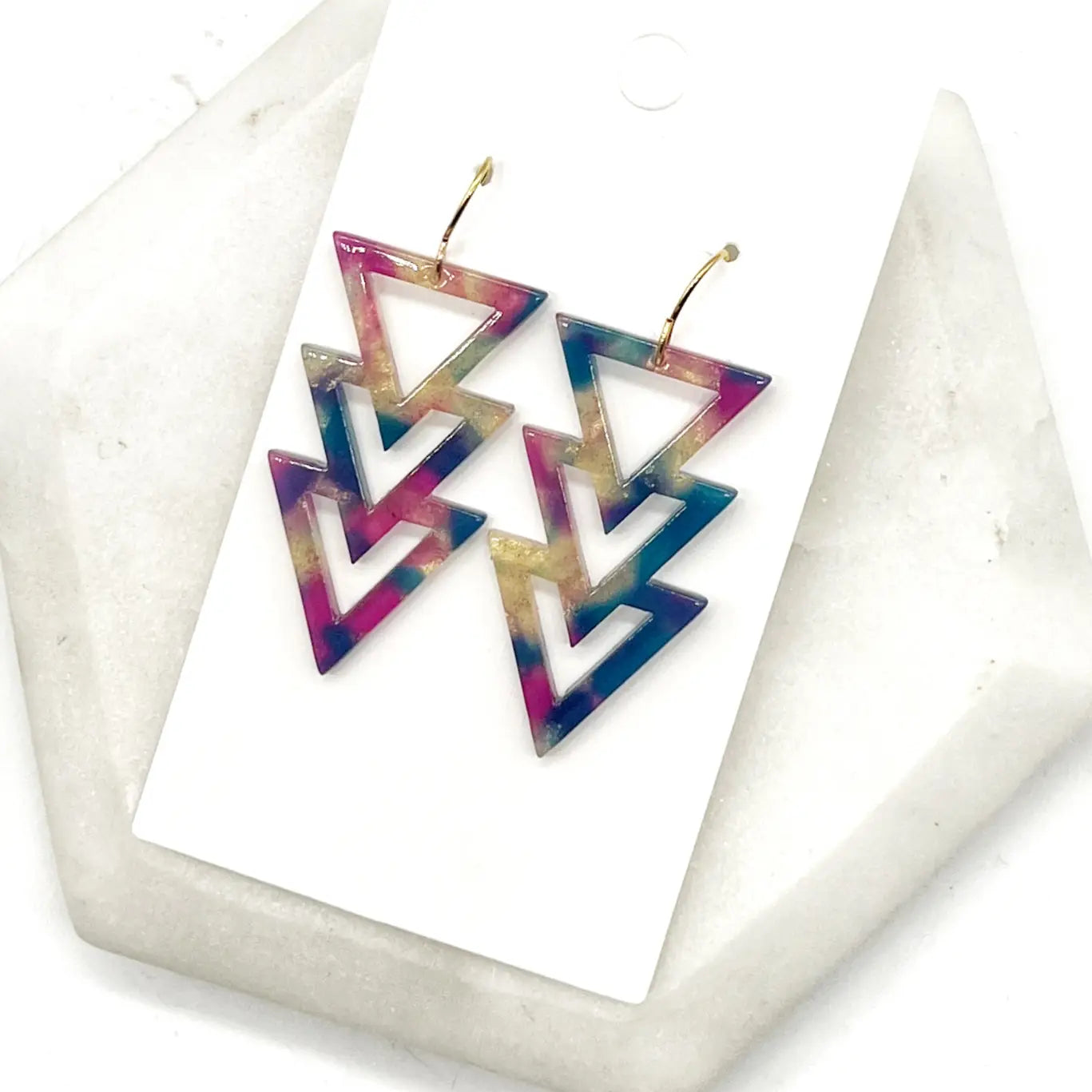 FALL TRIPLE TRIANGLE ACRYLIC STATEMENT HANDMADE BBB EARRINGS