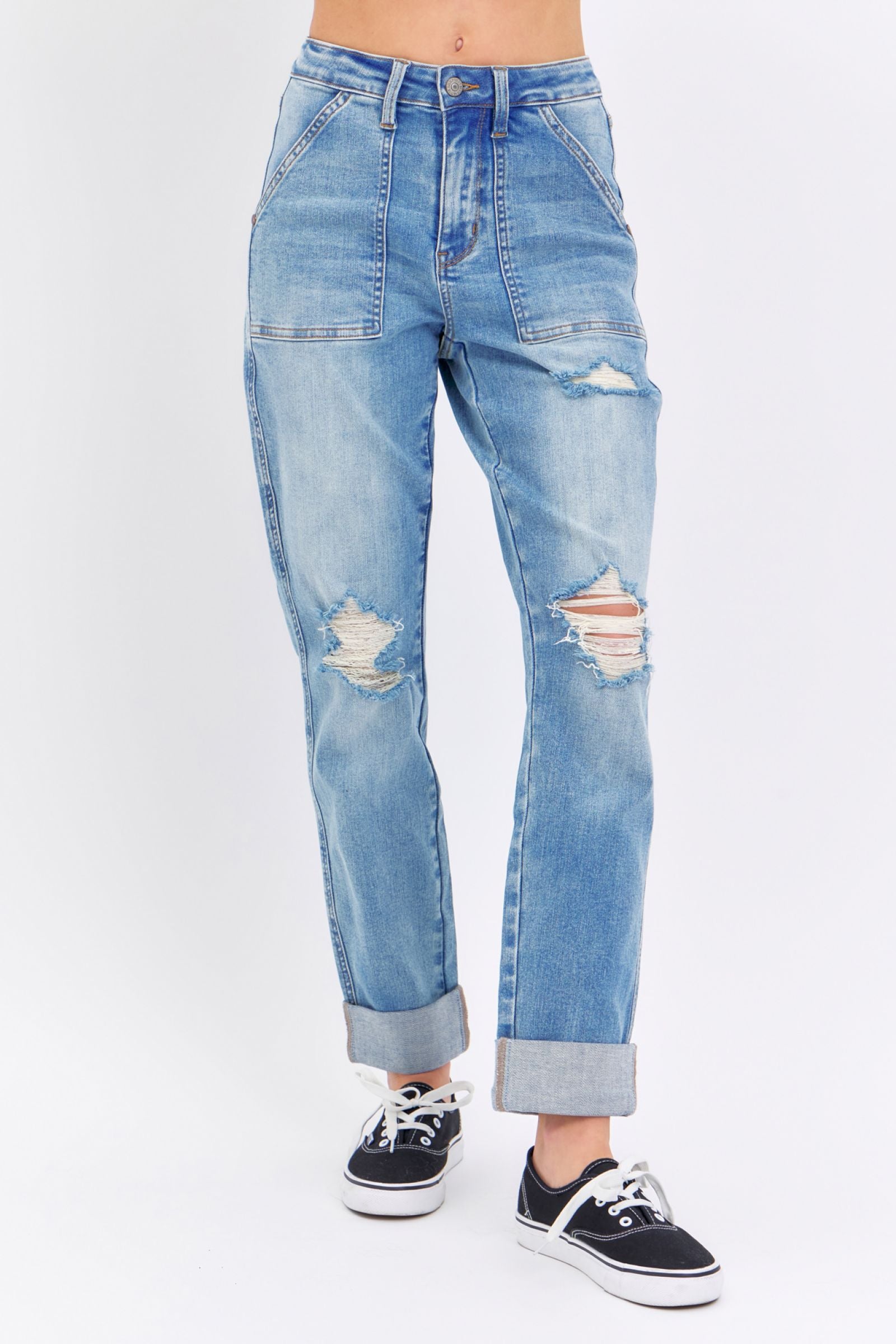 HIGH WAIST PATCH POCKET & DESTROYED BOYFRIEND MEDIUM WASH JUDY BLUE DENIM