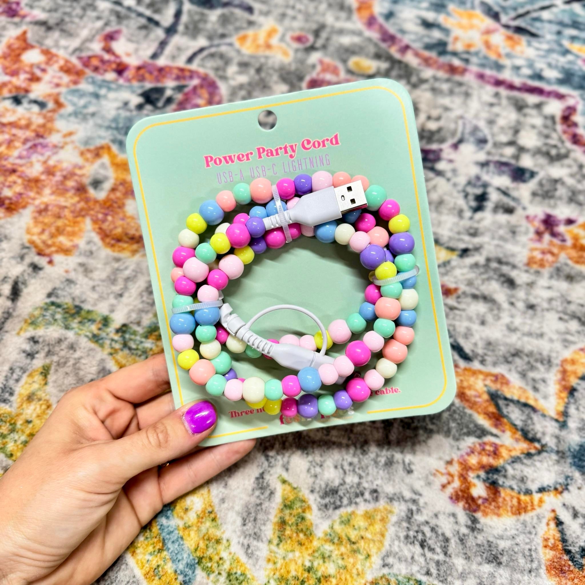 FANCY SMANCY BEADED CHARGING CABLES (USB-A TO DUAL USB-C / LIGHTENING 3 FOOT