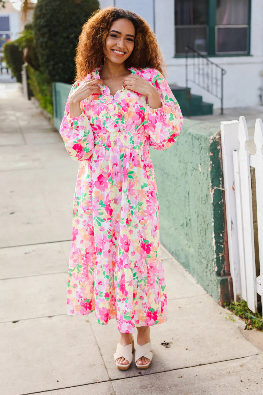 NEON PINK GREEN PEACH FRILLY VNECK RUFFLE SHIRRED WAIST FLORAL MAXI DRESS
