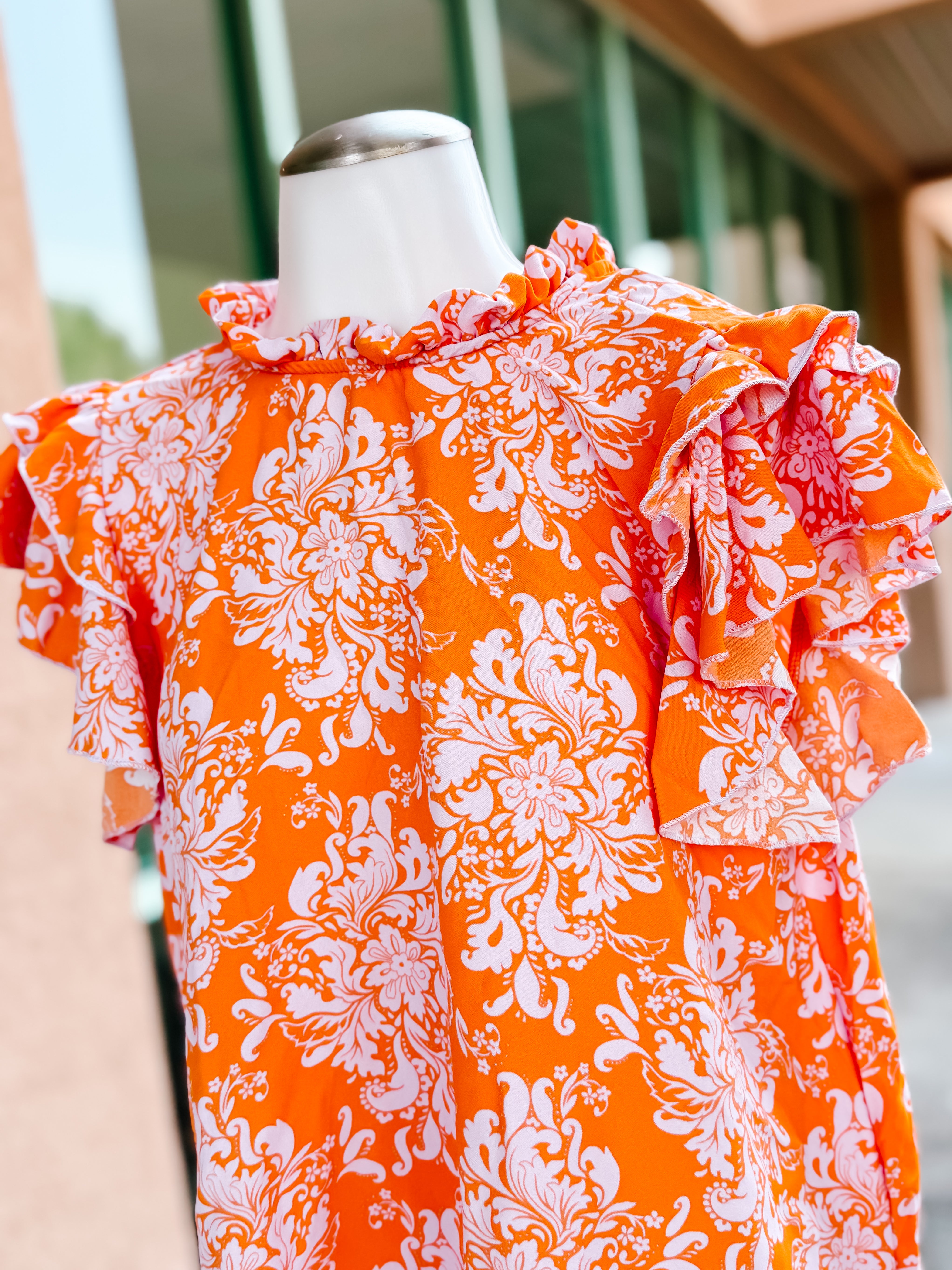 Orange Lilac Floral Mock Neck Double Layered Ruffle Top- SALE