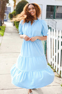 BABY BLUE PERIWINKLE FRILLY NOTCH NECK SHIRRED WAIST TIERED MAXI DRESS