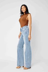 JUDY BLUE HIGH WAIST FRONT YOKE RETRO WIDE MEDIUM WASH DENIM
