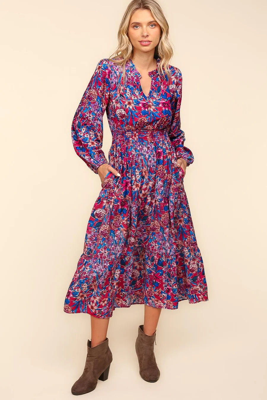 PINK BLUE NOTCH NECK PRINTED POCKETED MAXI DRESS