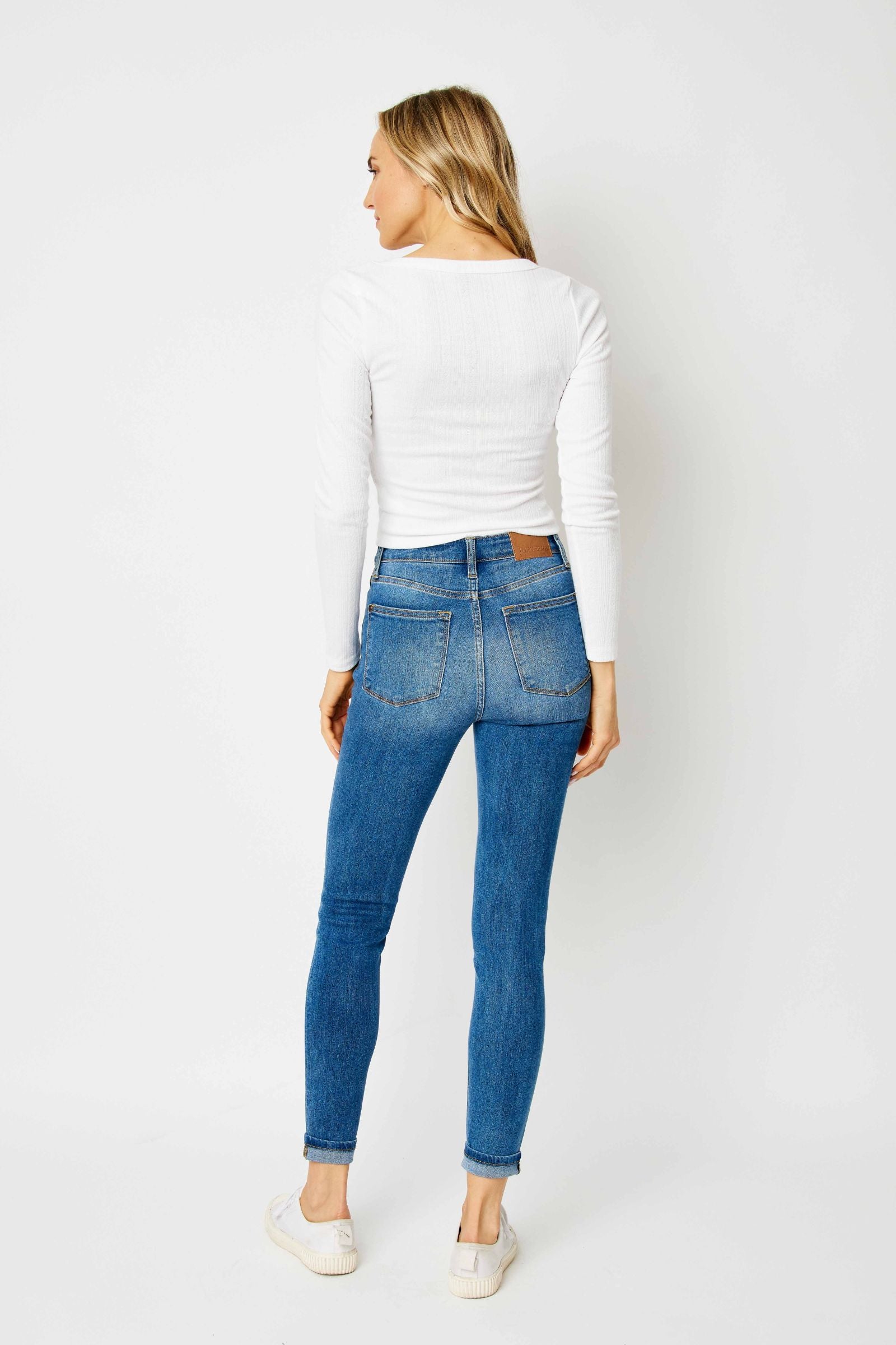 MEDIUM WASH HIGH WAIST CUFFED HEM SKINNY JUDY BLUE DENIM-PLUS