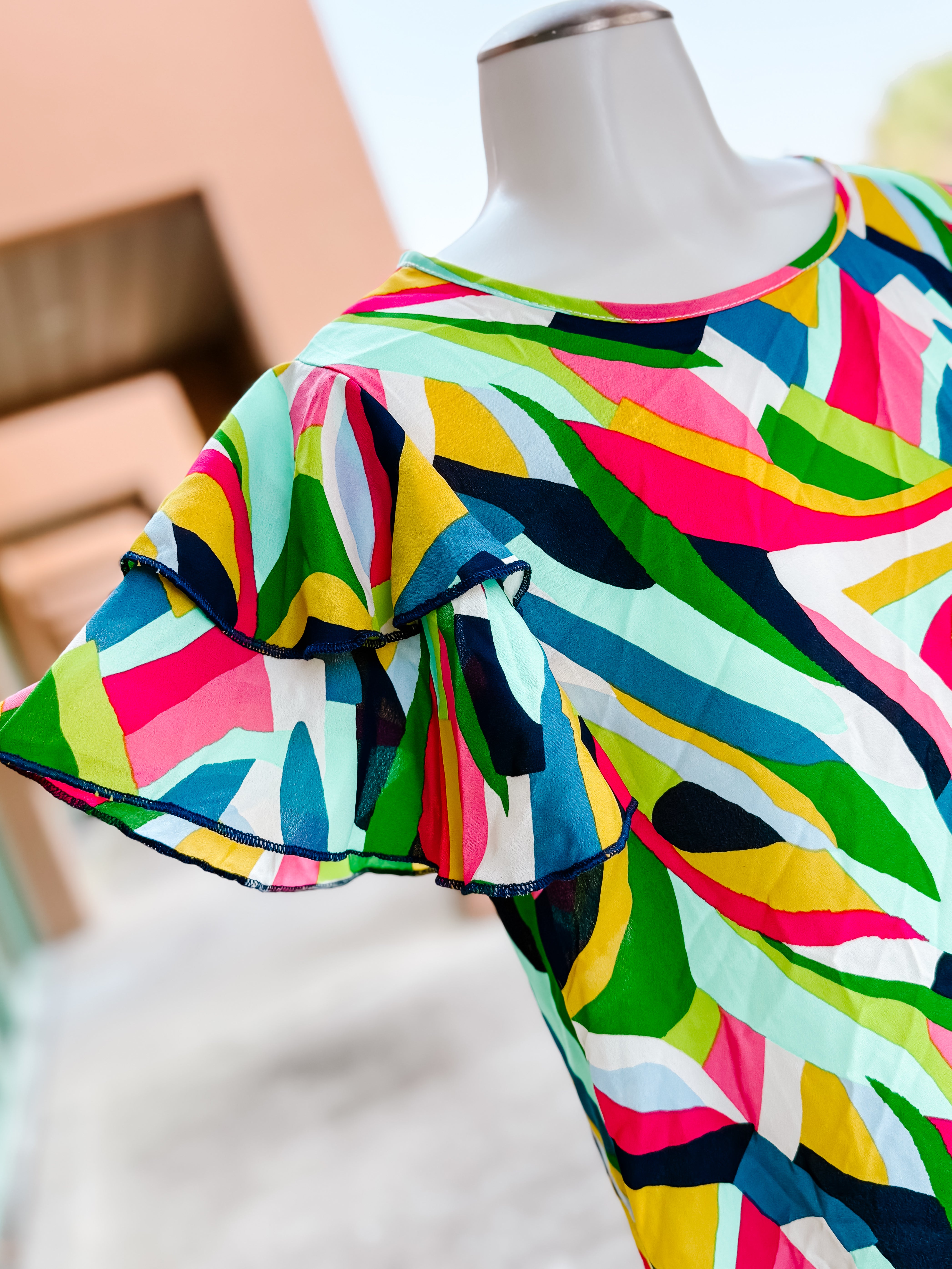 Green Navy Geometric Rufle Top- SALE