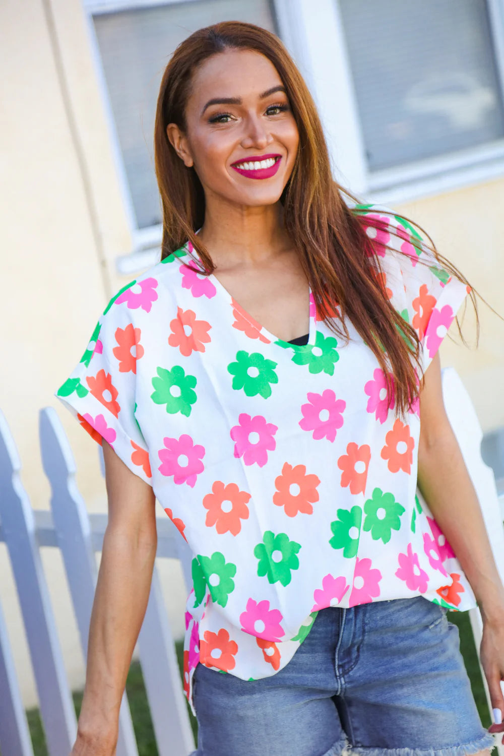 IVORY CORAL GREEN PINK FLORAL DOLMAN TOP-PLUS