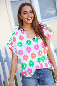 IVORY CORAL GREEN PINK FLORAL DOLMAN TOP-PLUS